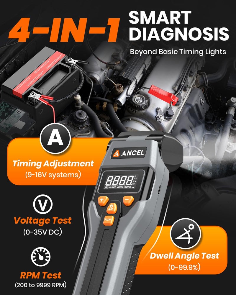 Ancel LT70 Digital Timing Light Automotive, Inductive Ignition Timing Light Gun with Tachometer, Advance, Dwell & Voltage Test, High Bright LED & Type-C Charging, for 9–16 V 2 & 4 Stroke Gas Engines - Image 2